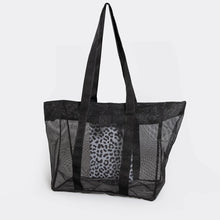 Load image into Gallery viewer, The Large Black Mesh Beach Bag - by Thandana includes a sleek black mesh tote with long handles and a smaller water-resistant bag featuring a chic design.