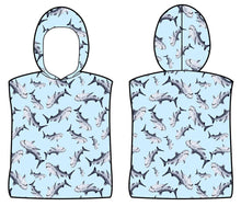 Load image into Gallery viewer, The Bobums Kids Hoodie Towel - Many Sharks is crafted from quick-drying microfibre and designed with a playful shark pattern, shown in front and back views.