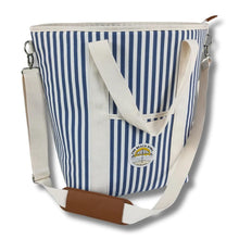Load image into Gallery viewer, Beach Bums Blue and white stripe insulated material tote cooler bag