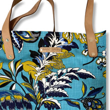 Load image into Gallery viewer, Binny Bag material tote/beach bag with florals and bright blue background - leather handles