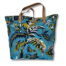 Load image into Gallery viewer, Binny Bag material tote/beach bag with florals and bright blue background - full image