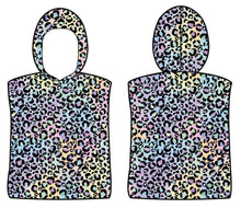 Load image into Gallery viewer, Front and back views of the Bobums Kids Hoodie poncho Towel - Pastel Leopard, crafted from quick-drying microfibre with a colourful pastel leopard print in pink, blue, yellow, and green.