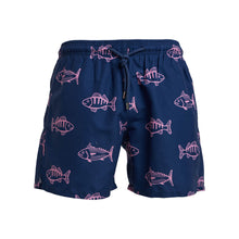 Load image into Gallery viewer, Breazies' Kids Swim Shorts - Skip Jacks | Navy are stylish luxury swimwear featuring pink fish patterns, crafted from recycled polyester with a drawstring waist for ultimate sustainability and comfort.