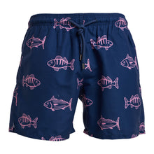 Load image into Gallery viewer, The Breazies Adult Swim Shorts - Skip Jacks in navy feature a pink fish pattern with stylized skeletons, crafted from recycled polyester and equipped with a drawstring waistband for an adjustable fit.
