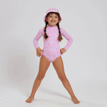 Load image into Gallery viewer, Breazies girls long sleeve swimsuit with pink and blue flowers - front view shown on young girl with matching hat and pigtails