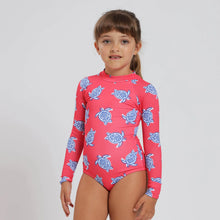 Load image into Gallery viewer, Breazies girls long sleeve swimsuit with turtles on a coral background - front view shown on young girl