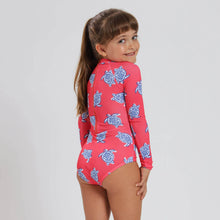 Load image into Gallery viewer, Breazies girls long sleeve swimsuit with turtles on a coral background - back view shown on young girl