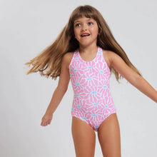 Load image into Gallery viewer, Breazies Girls One Piece swimsuit with pink and blue flowers  - shown on young girl twirling around