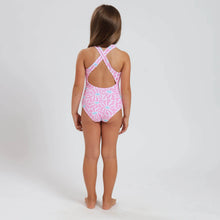Load image into Gallery viewer, Breazies Girls One Piece swimsuit with pink and blue flowers - shown on young girl back view