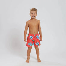 Load image into Gallery viewer, Breazies Kids Swim Shorts-Hibiscus flowers on an Orange background - shown on a young boy