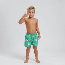 Load image into Gallery viewer, Breazies boys swim shorts with sharks on green background - shown on cute young boy