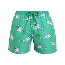 Load image into Gallery viewer, Breazies boys swim shorts with sharks on green background - front view