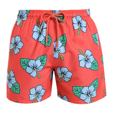 Load image into Gallery viewer, Breazies swim shorts for adults - hibiscus flower on orange background - front view