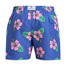 Load image into Gallery viewer, Breazies men swim shorts with pink hibiscus flower on a blue background - back view