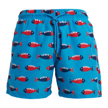 Load image into Gallery viewer, Breazies' Adult Swim Shorts - Mr Fish in Bubblegum Blue are luxury swimwear featuring a playful red, white, and navy fish pattern. Made from recycled polyester with a quick-drying finish, they include a drawstring waistband for an adjustable fit.