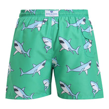 Load image into Gallery viewer, Breazies adult swim shorts with sharks on green background - back view