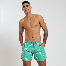 Load image into Gallery viewer, Breazies adult swim shorts with sharks on green background - male model