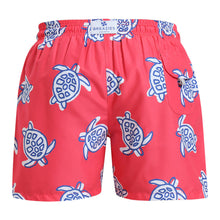 Load image into Gallery viewer, Breazies adult swim shorts with navy turtles on a coral red background - back view