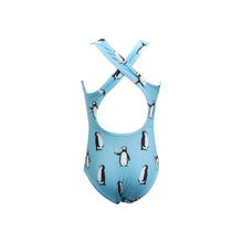 Load image into Gallery viewer, The Breazies Girls One Piece - Penguins in Baby Blue is a blue swimsuit with a cross-back design, crafted from recycled polyester. It features fun penguin prints, with each penguin illustrated holding an ice cream cone.