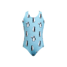 Load image into Gallery viewer, The Breazies Girls One Piece - Penguins in Baby Blue is a charming swimsuit featuring penguins adorned with pink hats and ice cream cones. Made from recycled polyester, it has a scoop neckline set against a white background.