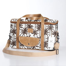 Load image into Gallery viewer, Thandana insulted picnic cooler bag wiith palm tree design and leather finishes. Perfect for a picnic on the beach or in the desert.