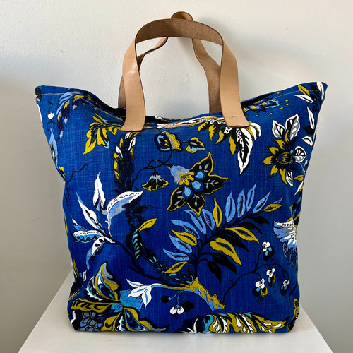 Binny Bag Dark Blue and flowers material tote bag, beach bag
