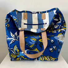 Load image into Gallery viewer, Binny Bag Dark Blue and flowers material tote bag, beach bag with leather straps
