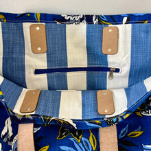 Load image into Gallery viewer, Binny Bag Dark Blue and flowers material tote bag, beach bag with blue stripe lining
