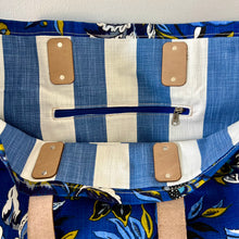 Load image into Gallery viewer, Binny Bag Dark Blue and flowers material tote bag, beach bag with blue stripe lining
