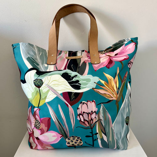 Binny Bag Flowers on blue background material tote bag, beach bag with leather handles