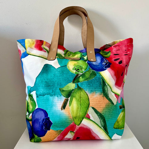 Binny Bag Watercolour fruit material tote bag, beach bag with leather handles
