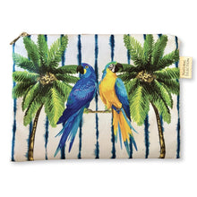 Load image into Gallery viewer, The "Sarong with Matching Wet Bag - Sapphire Stream" from Natural Selection features a tropical design with two parrots on a branch, green palm trees on a white background, and blue stripes. Crafted from crepe fabric, it's perfect for beach outings.