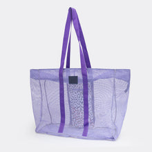 Load image into Gallery viewer, Introducing the Large Lilac Mesh Beach Bag - Confetti by Thandana: a purple mesh tote with dual handles. This transparent, lightweight, water-resistant bag is perfect for casual shore outings or leisure days in town.