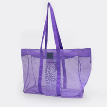 Load image into Gallery viewer, Introducing the Thandana Jumbo Lilac Mesh Beach Bag - Confetti: a spacious purple tote with coated mesh, two long handles. Its chic confetti print fabric lining peeks through, perfect for sunny beach days against a plain white backdrop.