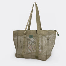 Load image into Gallery viewer, The Large Olive Mesh Beach Bag with confetti print by Thandana is a rectangular-shaped, green mesh tote with two handles and a zippered top. It features reinforced seams, a tag, water-resistant fabric, and an interior leopard spot pattern—ideal for beach days.