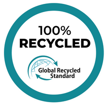 Load image into Gallery viewer, A logo featuring the text "100% RECYCLED" in black inside a teal circle. Below the text is an icon of a globe with green arrows surrounding it, accompanied by the text "Global Recycled Standard." Ideal for products like Bobums' Extra Large Towel - JBay that is quick drying and eco-friendly.