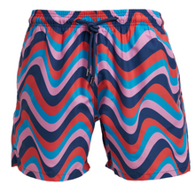 Load image into Gallery viewer, Breazies Matching Retro Swimwear for men features recycled polyester, an elastic waistband, drawstring, and a bold red, blue, pink, and purple wavy pattern—a fresh twist on classic style.