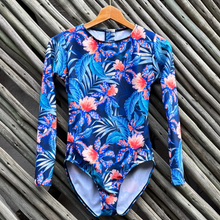 Load image into Gallery viewer, Lapis Blue Flowers and leaves, Long Sleeve one piece, swimwear from Surf Sense, South Africa