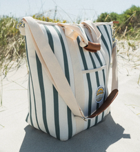 Load image into Gallery viewer, Beach Bums green and white stripe insulated material tote cooler bag