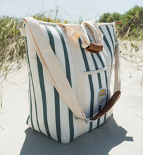 Load image into Gallery viewer, Beach Bums green and white stripe insulated material tote cooler bag
