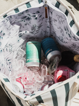 Load image into Gallery viewer, Beach Bums Blue and white stripe insulated material tote cooler bag
