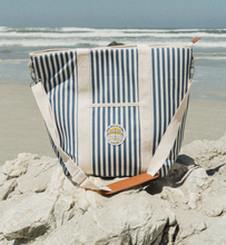 Load image into Gallery viewer, Blue and white stripe insulated material tote cooler bag