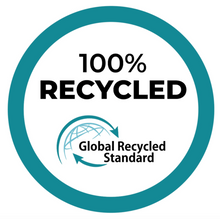 Load image into Gallery viewer, A circular badge with a teal border reads "100% RECYCLED" above the Global Recycled Standard logo, showing a globe and two curved arrows—perfect for Bobums’ Beach Towel - Green Leaf Jungle made from recycled plastics.