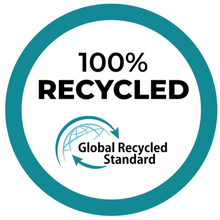 Load image into Gallery viewer, A teal-bordered circular badge with black text reads "100% Recycled." Below, a logo with arrows encircling a globe is labeled "Global Recycled Standard," reflecting the eco-friendly design of our Bobums Beach Towel - Spring Flamingo.
