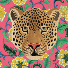 Load image into Gallery viewer, Natural Selection's Beach Bag - Boho Taj showcases a vibrant pink background with yellow flowers and green leaves, all featuring an intricately detailed leopard face. This bold, colorful design is perfect for poly canvas beach bags.