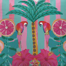 Load image into Gallery viewer, The Beach Bag - Frangipani Parrots by Natural Selection features a colourful scene of two parrots on a palm tree with tropical leaves, hibiscus flowers, and sliced citrus fruits. This vibrant image stands out against a pink and turquoise striped background and is ideal for poly canvas beach bags with waterproof lining.