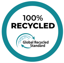 Load image into Gallery viewer, A circular logo features a teal border and contains the text "100% RECYCLED" in bold black letters. Below the text, a globe encircled by arrows and the words "Global Recycled Standard" in teal and black are displayed, making it perfect for products like Bobums' Extra Large Double Sided Beach Towel - Cerise Leopard.