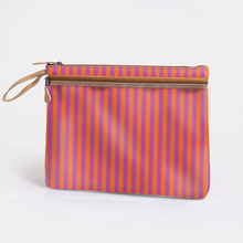 Load image into Gallery viewer, The Thandana iPad Cover - Linear Preppy features vertical orange and purple stripes on smooth laminated fabric, a leather tan wrist strap, and a zip closure, displayed against a plain white background.