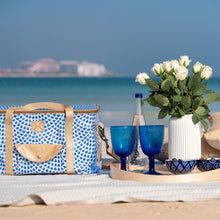 Load image into Gallery viewer, Thandana insulated picnic caddy cooler bag with dazzling blue print, leather handles. Perfect for beach picnics and keeping drinks cold.