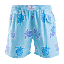 Load image into Gallery viewer, Breazies Adult Swim Shorts - Turtles in baby blue feature a playful sea turtle pattern, a right pocket, and an elastic waistband with Breazies label. Made from recycled polyester, they blend comfort and luxury swimwear style.